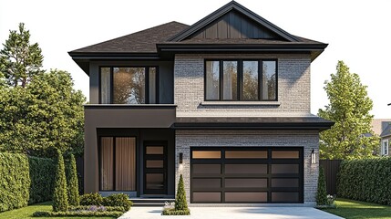 A two-story house with a black roof, gray brick exterior, and a black garage door. There is a small porch with a wooden door and black railings. The