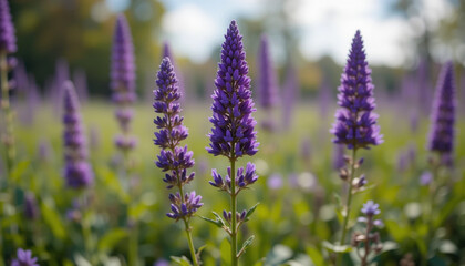 A vibrant field of purple lavender blossoms in the summer sun, a beautiful floral meadow 