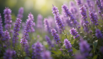 Fototapeta premium A vibrant field of purple lavender blossoms in the summer sun, a beautiful floral meadow 