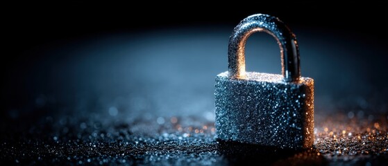 A close-up of a wet padlock standing on a reflective surface with water droplets, symbolizing security and protection in a dark, moody setting.