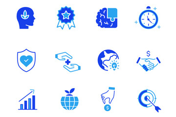Values icons set. Core value set of web icons in solid style. Innovation, goals, responsibility, integrity, commitment, quality, teamwork, reliability symbols. Editable vector illustration