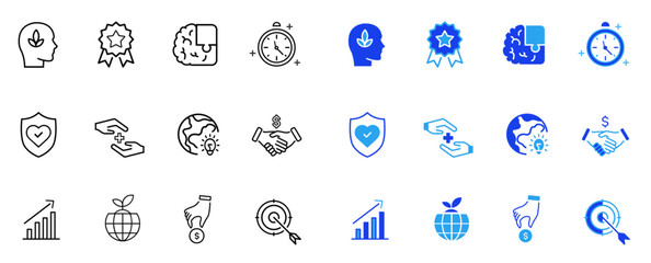 Values icons set. Core value set of web icons in line and solid style. Innovation, goals, responsibility, integrity, commitment, quality, teamwork, reliability symbols. Editable vector illustration