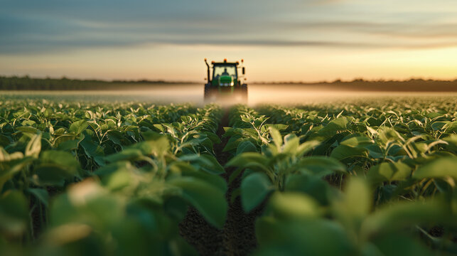 Fototapeta Vast soybean plantation with green leaves and tractor at sunrise, agricultural field, rural landscape, peaceful