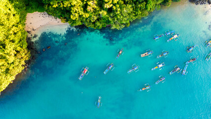 Aerial View of Turquoise Bay with Traditional Boats Docked near Lush Green Coastline