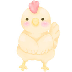 Sweet kawaii chicken character art, little yellow chick design, funny poultry illustration.