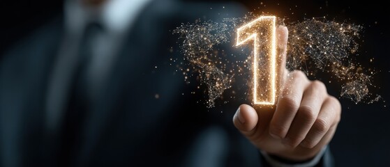 A hand points at a glowing number one, symbolizing leadership and success, with a sparkly world map backdrop.