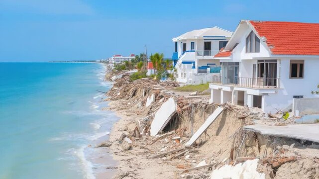 Coastal Erosion Threat: A vivid scene of coastal erosion showcases the dramatic impact of nature's power, as houses teeter precariously near the shoreline.