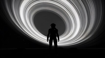 Silhouette of a space explorer facing a cosmic ring structure.