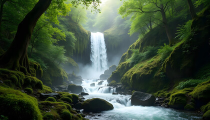 Experience the natural beauty of a cascading waterfall flowing through a vibrant green forest landscape with majestic rocks