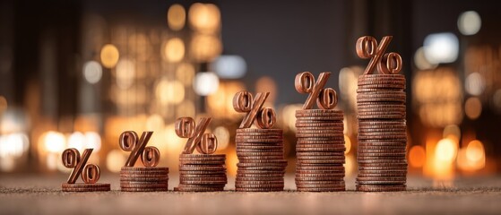 Stacks of coins arranged in ascending order with percentage symbols on top, symbolizing financial growth or increasing interest rates.