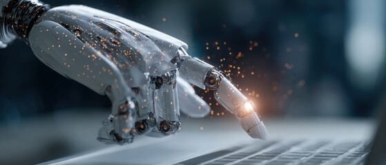 A robotic hand with sparks touches a keyboard, symbolizing advanced technology and automation in a futuristic setting.