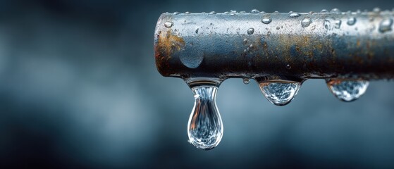 Rusty pipe with water droplets hanging and reflecting light against a blurred blue-gray background.