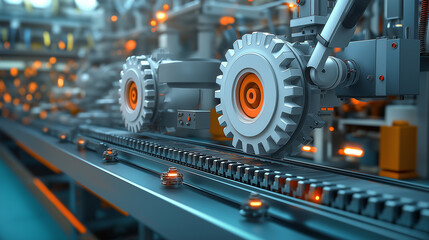 Illustration set of icons with white gears, industrial factory of production equipment, metal engine and machinery.