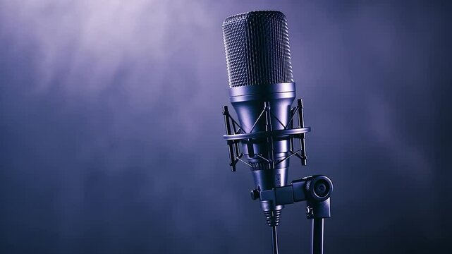 Studio Microphone on Stand Against Smoky Purple Background