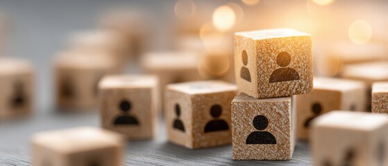 Wooden blocks with user icons stacked, symbolizing teamwork, networking, and organizational hierarchy, highlighted by warm lighting and a blurred background.