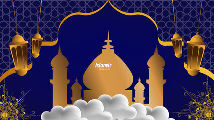 Elegant Islamic Background with Gold Lanterns and Green Floral Decorations