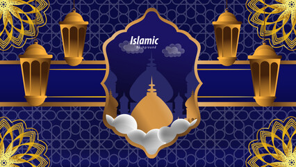 Elegant Islamic Background with Gold Lanterns and Green Floral Decorations