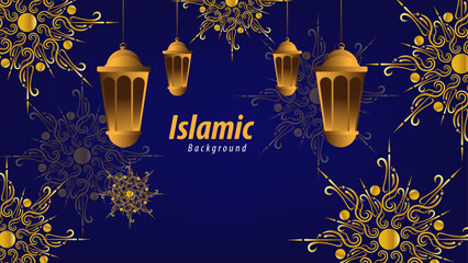 Elegant Islamic Background with Gold Lanterns and Green Floral Decorations