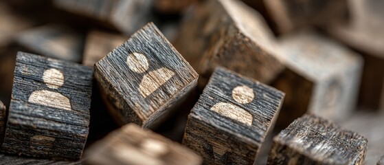 Wooden blocks with painted human icons symbolizing social connections and networking on a blurred background.