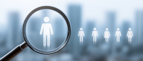 A magnifying glass highlights a human icon among other smaller human figures, symbolizing focus on individuals or selection.