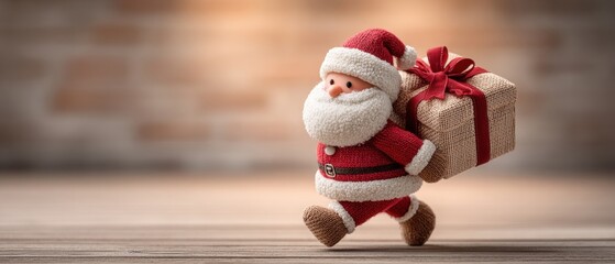 A cute Santa Claus figurine carrying a wrapped gift with a red bow, walking on a wooden surface with a blurred warm background.