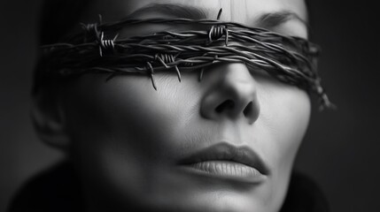 Close-up portrait of a woman with barbed wire covering her eyes.