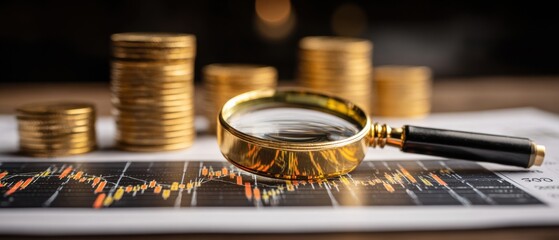 Magnifying glass highlights financial chart analysis with stacked gold coins blurred in the background symbolizing investment and wealth growth.
