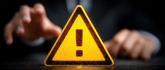 A yellow triangular warning sign with an exclamation mark is prominently displayed, while a blurred hand reaches towards it in the background.