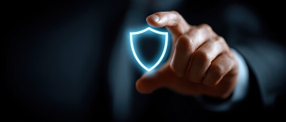 A hand is shown interacting with a glowing shield icon, symbolizing digital security and protection in a dark background.