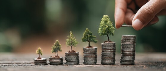 Small trees growing on stacks of coins, symbolizing financial growth and investment over time.