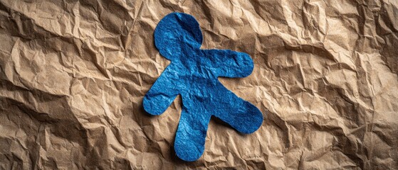 A blue paper cutout figure lies on crumpled brown paper, conveying themes of fragility and vulnerability.