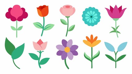 Obraz premium Collection of Colorful Flat Design Flowers and Leaves on a White Background