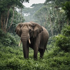 A majestic elephant walking through lush greenery, clear with white background