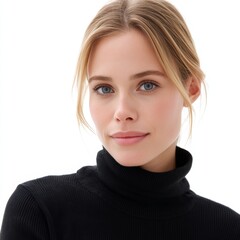 A woman in a black turtle neck sweater is looking at the camera