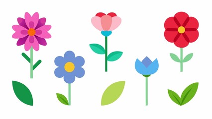 Collection of Simple Flat Design Flowers with Leaves in Various Colors on a White Background