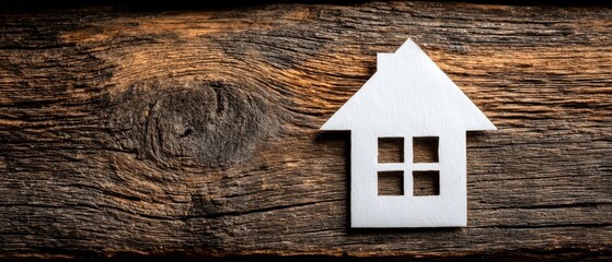 A white paper cutout of a house with four windows sits on rustic wooden planks with rich textures and natural wood grain patterns.