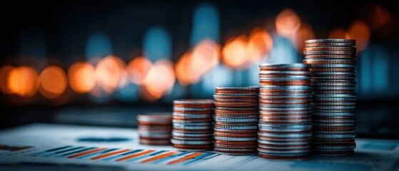 Stacks of coins arranged in ascending order on financial charts with blurred glowing lights in the background symbolizing growth and investment.