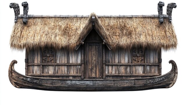 A wooden, Viking-style longhouse with a thatched roof and intricately carved wooden details, constructed in the shape of a boat with dragon-head prows, isolated on a white background