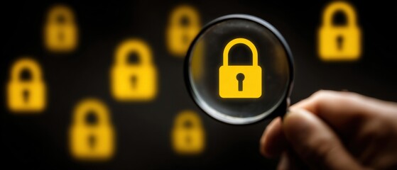 A hand holds a magnifying glass focusing on a yellow padlock symbol among multiple blurred padlocks, symbolizing cybersecurity and data protection.