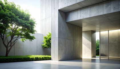 Minimalist concrete architecture with lush greenery and sunlight, showcasing modern urban design elements.