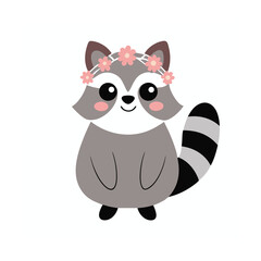 Fototapeta premium cute raccoon wearing flower crown cartoon