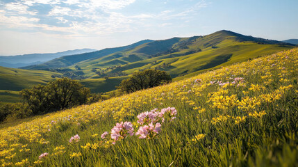 Obraz premium Rolling green hillside with wildflowers, yellow and pink blooms, under blue sky with clouds, peaceful nature scene