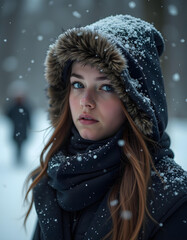 Smiling woman wearing fashionable winter hat with fur in the snow, enjoying winter and falling snowflakes.