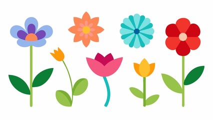 Collection of Simple Colorful Flowers with Stems and Leaves on a White Background