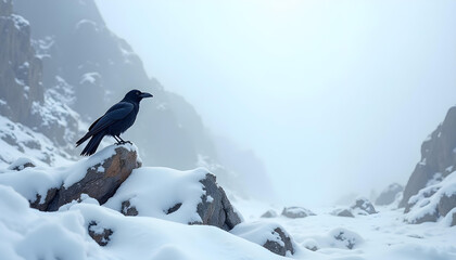 Fototapeta premium A lone crow stands in a vast, white winter mountain landscape, under a cold sky, embodying nature's extreme beauty 