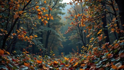 A kaleidoscope of fall colors, exploring forest trail adorned with vibrant foliage