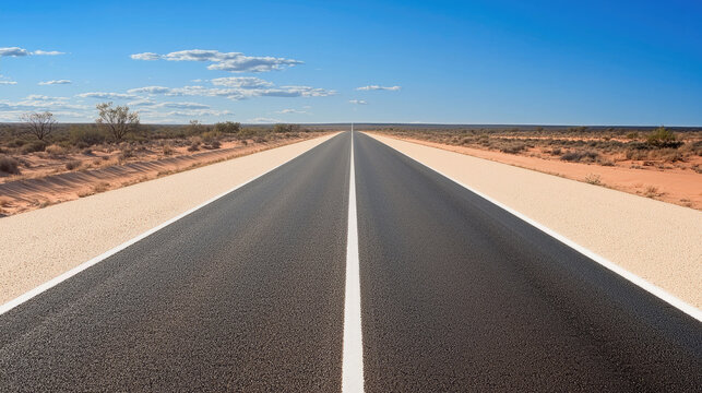 Long straight highway asphalt road desert landscape blue sky horizon travel adventure empty