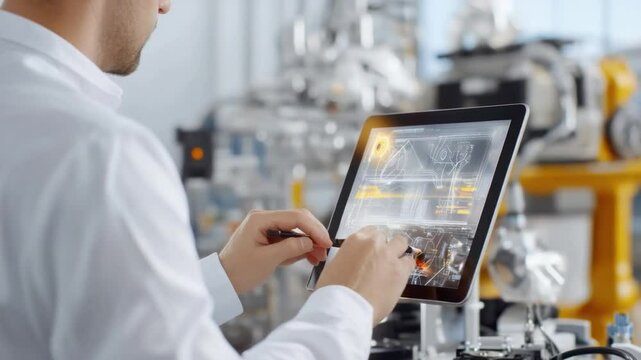 Tech-Savvy Engineer at Work: A skilled engineer, deeply focused, interacts with a tablet displaying intricate technical designs, situated within a high-tech industrial facility.