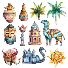 Obraz premium Cultural Symbols, watercolor painting vector, isolated on a white background.