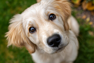 Golden retriever puppy looking up, big eyes, soft blur, garden grass background, innocent and curious